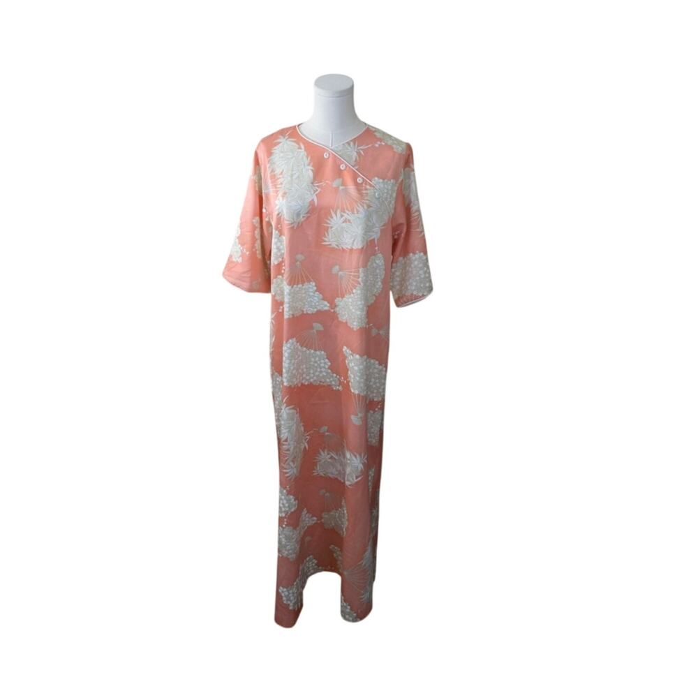 VTG Bergdorf Goodman Maxi Caftan Dress Coral Pink Floral Housecoat Robe Size L